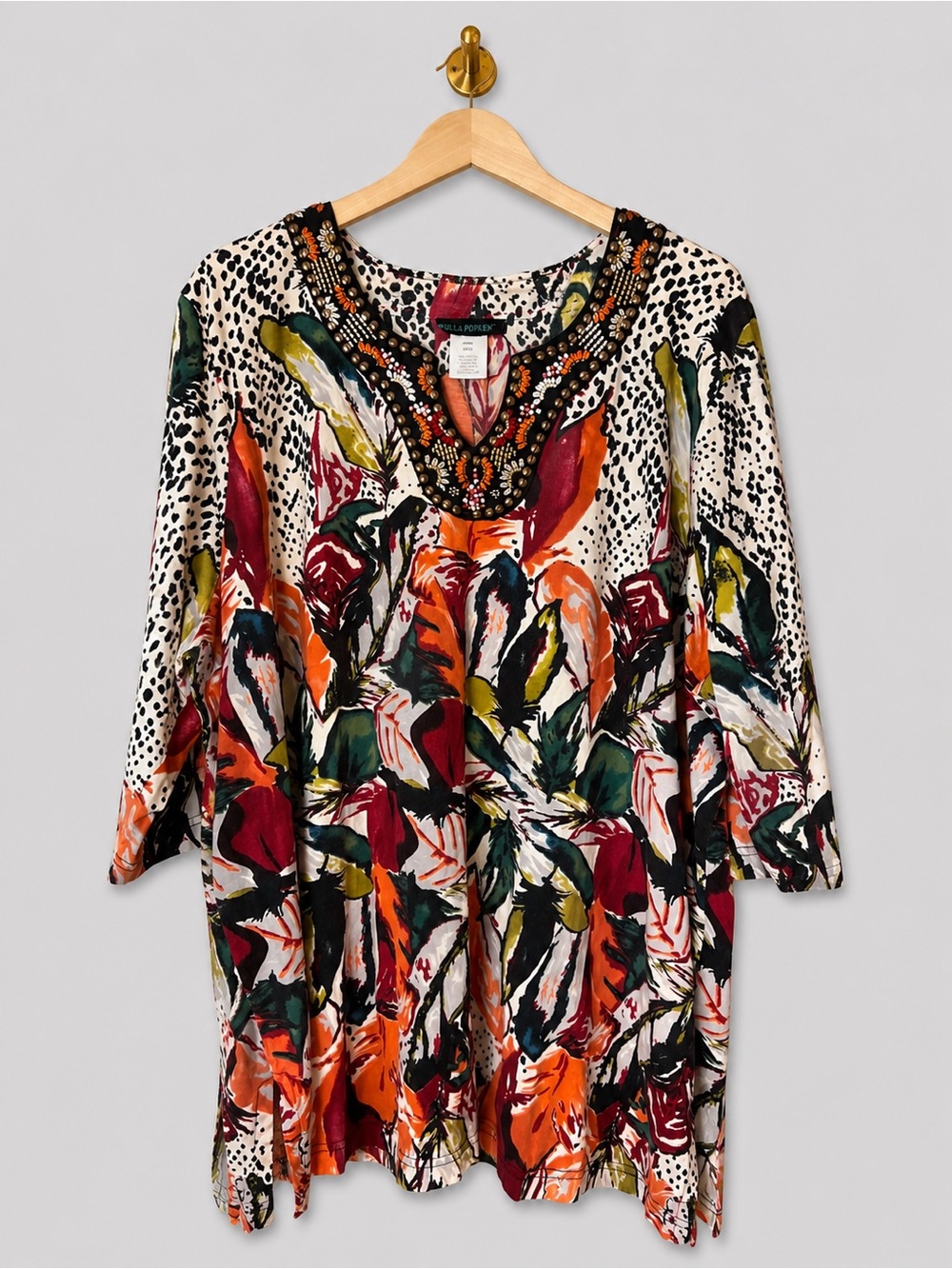 Ulla Popken Embellished Tropical Print Tunic Top Animal Print embroidered beaded